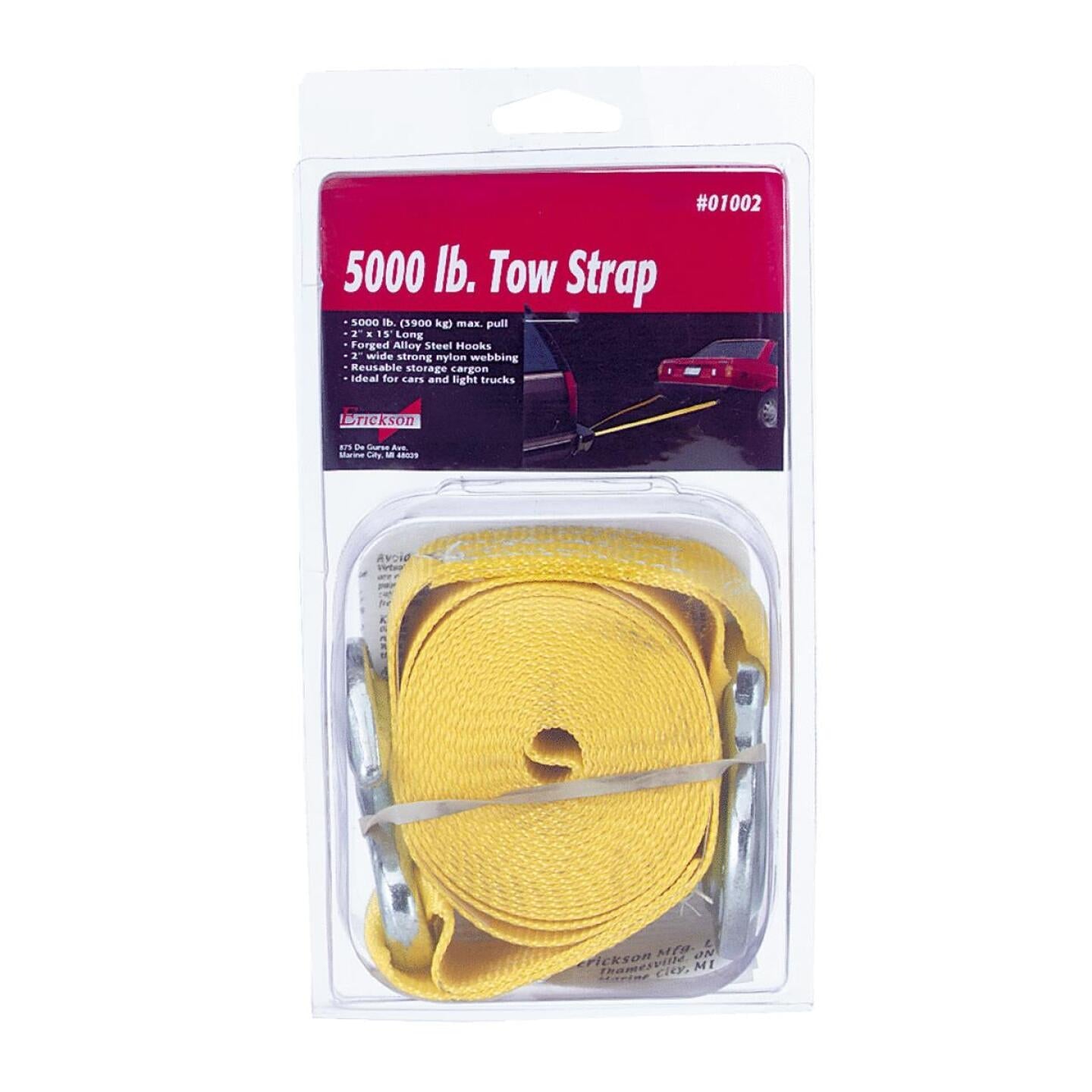Erickson, Erickson 2 In. x 15 Ft. 2500 Lb. Polyester Tow Strap with Hooks, Yellow