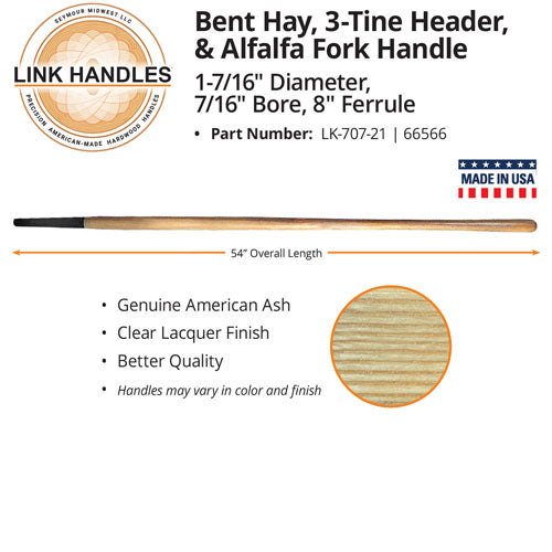 Link Handles, Link Handles 54" bent hay fork Handle, 1-7/16" diameter, 7/16" bore