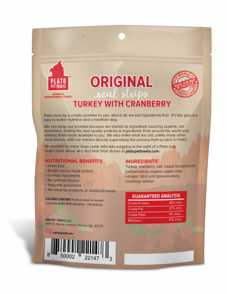 Plato, Plato Grain Free Real Strips Turkey With Cranberry Dog Treats