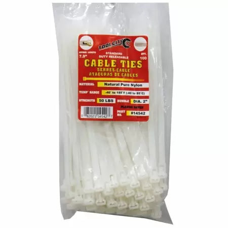Tool City, Tool City 7.9 in. L White Nylon 50 lbs. Tensile Releasable Cable Tie 100 Pack