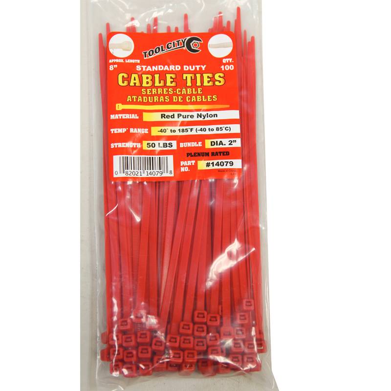 Tool City, Tool City 8" Large Red Nylon Cable Ties, 100 Pack